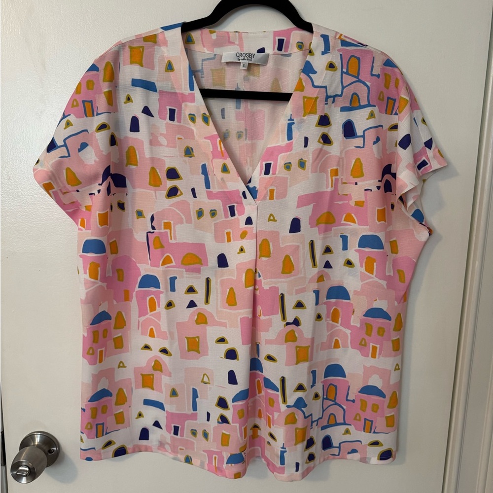 CROSBY by Mollie Burch Pink and Blue Abstract Blouse